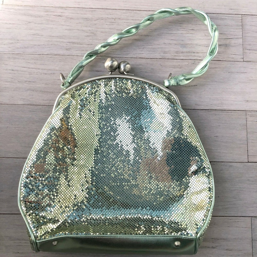Whiting and Davis Rare Mesh LARGE Handbag Green Metallic Leather Trim 13"